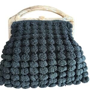 Crocheted Vintage Purse Handbag Circa 1940s Black Ivory Colored Handles